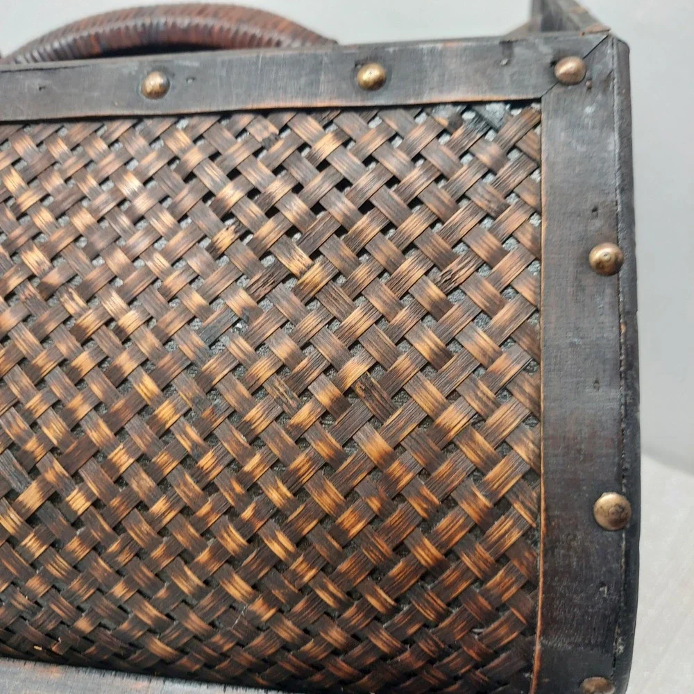 Large Wood Woven Wicker Ratan Magazine Rack Brown Metal Studded Floor Caddy